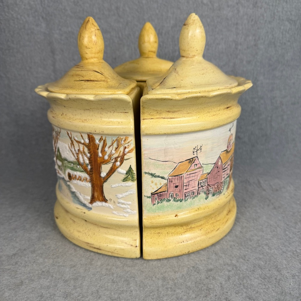 Ceramic 3 Piece Interlocking Canister Set Yellow Farm Landscape Scene Rustic Art